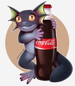 blue_body blue_skin chibi feral holding_object looking_at_viewer male smile smiling_at_viewer solo yellow_eyes volodyanocturne coca-cola fallout microsoft gecko gecko_(fallout) lizard reptile scalie hi_res