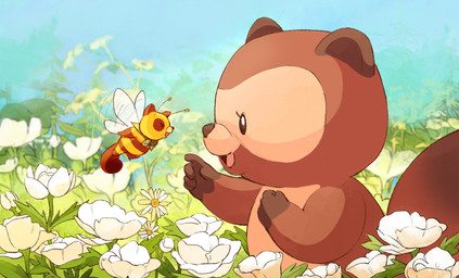 anthro brown_body chibi detailed_background duo flower humanoid_hands plant size_difference yellow_body mariam_hachmi taki_tanuki arthropod bee canid canine hybrid hymenopteran insect mammal raccoon_dog tanuki hi_res