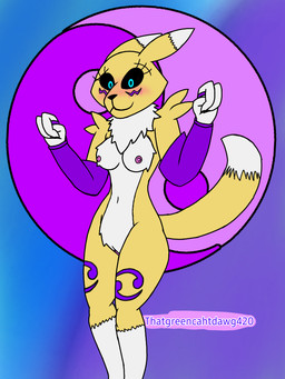 anthro blue_background blush female genitals navel nipples purple_background simple_background solo vulva yin_yang thatgreencahtdawg420 bandai_namco digimon canid canine digimon_(species) fox mammal renamon 3:4