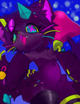 abstract_background ambiguous_anthro ambiguous_gender anthro big_hands big_head biped bodily_fluids clothing crystal drooling feral fungus fur legwear mushroom one_fang open_mouth psychedelic_background purple_body purple_fur saliva solo_focus thigh_highs unusual_eyes mighty-whydah arthropod beetle domestic_cat felid feline felis insect mammal worm 2023 digital_media_(artwork) digital_painting_(artwork) painting_(artwork)