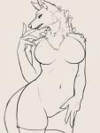 2019 anthro breasts canid canine canis female genitals looking_at_viewer mammal mostly_nude navel nipples pussy simple_background solo standing wolf xan_(pixiv)