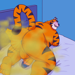anthro anus big_butt body_hair butt butt_hair circumcised circumcision_scar fart fart_cloud fart_fetish farting_at_viewer genital_scar genitals looking_at_viewer looking_pleasured male mascot obese overweight penis rear_view scar solo avoid_posting scentedbunns frosted_flakes kellogg's tony_the_tiger felid mammal pantherine tiger hi_res