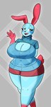 anthro big_breasts blue_body blush bottomwear breasts cleavage cleavage_cutout clothed clothing cutout female green_eyes hotpants keyhole_turtleneck short-sleeve_shirt shorts slightly_chubby slightly_chubby_female solo sweater topwear turtleneck diamond_grenadier lagomorph leporid mammal rabbit hi_res