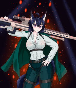 belt big_breasts big_ears big_tail black_hair breasts clothing female fire fluffy fluffy_ears fluffy_tail fox_ears fox_tail gun hair jacket purple_eyes ranged_weapon rifle solo tail topwear weapon invz elly_(invz) animal_humanoid canid canid_humanoid canine canine_humanoid fox_humanoid humanoid mammal mammal_humanoid absurd_res hi_res