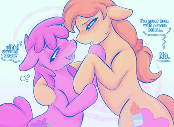 bodily_fluids bubble drunk drunk_bubble duo female female/female feral imminent_sex substance_intoxication sweat sweatdrop text enthralls friendship_is_magic hasbro my_little_pony berryshine_(mlp) cream_heart equid equine horse mammal pony english_text hi_res