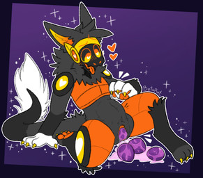 abdominal_bulge andromorph anthro belly big_belly big_clitoris blush blush_lines claws clitoris egg fur genitals grey_body grey_fur heart_eyes heart_symbol intersex kneeling long_tail looking_pleasured machine orange_clitoris orange_pawpads orange_vulva oviposition pawpads pregnant pregnant_andromorph pregnant_anthro pregnant_intersex slime solo tail tongue tongue_out vaginal_oviposition vulva yellow_claws betarat limerick_(betarat) protogen absurd_res hi_res trans_(lore) trans_man_(lore)