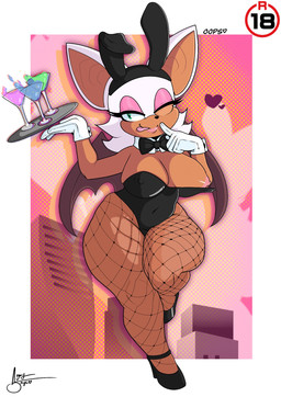anthro areola big_breasts bow_tie breasts bunny_costume clothing cocktail_glass container costume cup drinking_glass female fishnet_clothing fishnet_legwear footwear glass glass_container glass_cup green_eyes heart_symbol high_heels legwear nipples one_eye_closed shoes solo thick_thighs wink sugary_skye sega sonic_the_hedgehog_(series) rouge_the_bat bat mammal hi_res