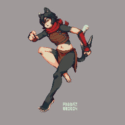 action_pose armor barefoot black_hair bottomwear bracers clothing feet female hair holding_object holding_weapon kunai leg_markings light_body light_skin loincloth markings midriff multicolored_body multicolored_skin pointy_ears pose scarf short_hair socks_(marking) solo topwear two_tone_body two_tone_skin vest weapon yellow_eyes pavanz delicious_in_dungeon izutsumi_(delicious_in_dungeon) animal_humanoid felid felid_humanoid feline feline_humanoid humanoid mammal mammal_humanoid 1:1 digital_media_(artwork) pixel_(artwork) watermark