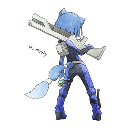accessory anthro backpack belt biped blue_body blue_fur blue_hair bodysuit boots butt butt_pose clothed clothing female fluffy fluffy_tail footwear fully_clothed fur furgonomics gun hair hair_accessory high_heeled_boots high_heels holding_gun holding_object holding_ranged_weapon holding_weapon humanoid_hands pigeon_toed pose ranged_weapon shoes short_hair simple_background skinsuit slim solo standing tail tail_accessory tailband tight_clothing weapon white_background achillexmouly nintendo star_fox krystal_(star_fox) canid canine fox mammal 1:1 2018 signature