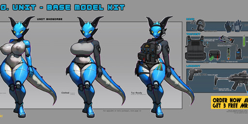 anthro belly big_breasts blue_body breasts bulletproof_vest clothed clothing electronics female genitals gloves gun handgun handwear headgear headphones headset horn huge_breasts machine military_equipment multicolored_body nipples non-mammal_breasts non-mammal_nipples non-mammal_vulva nude pistol radio ranged_weapon solo submachine_gun tail text thick_thighs two_tone_body underwear vulva weapon white_belly wide_hips yellow_eyes psyk323 kobold robot robot_anthro scalie 2023 absurd_res english_text hi_res model_sheet signature