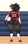 2021 anthro aryn_(the_dogsmith) big_butt bottomwear butt canid canine canis clothing domestic_dog female hi_res hotpants inu-sama looking_at_viewer looking_back mammal rear_view shirt shorts solo spandex spandex_shorts sport standing text text_on_clothing text_on_shirt text_on_topwear thick_thighs tight_clothing topwear volleyball wide_hips