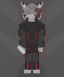 anthro armor fur grey_body grey_fur hammer male scar sledgehammer solo tools cardy1cat cardy_(cardy1cat) domestic_cat felid feline felis mammal absurd_res hi_res