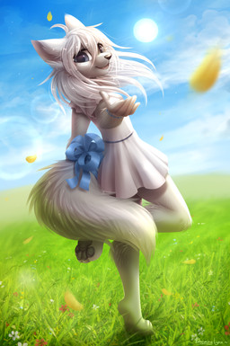 anthro black_nose blue_sky bottomwear clothed clothing cloud dress eyelashes fangs female flower fur glistening glistening_nose grey_eyes happy leaf open_mouth open_smile outside plant sky smile solo sun teeth white_body white_bottomwear white_clothing white_dress white_ears white_fur bloominglynx felid feline mammal 2022 absurd_res digital_media_(artwork) digital_painting_(artwork) hi_res painting_(artwork)