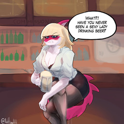 alcohol angry annoyed anthro bar bar_stool beer beer_mug beverage big_breasts black_bottomwear black_bra black_clothing black_skirt black_underwear blonde_hair blue_eyes bone_frill bottomwear bra bra_slip breasts clenched_teeth clothed clothed_anthro clothed_female clothing collared_shirt container cup detailed_background dialogue dress_shirt eyebrow_through_hair eyebrows female fingers frill_(anatomy) front_view furniture hair holding_container holding_cup holding_mug holding_object humanoid_hands inside leggings legwear long_hair mug non-mammal_breasts pink_body raised_eyebrow shirt sitting skirt solo speech_bubble spiked_tail spikes spikes_(anatomy) stool tail talking_to_viewer teeth text tight_bottomwear tight_clothing tight_skirt topwear translucent translucent_hair underwear white_body white_clothing white_shirt white_topwear anfitrionaaa cavemanon_studios i_wani_hug_that_gator mia_moretti dinosaur hadrosaurid ornithischian ornithopod parasaurolophus prehistoric_species reptile scalie 1:1 absurd_res artist_name colored english_text hi_res shaded
