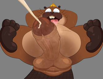 balls belly bodily_fluids cum ejaculation feet feral foreskin genital_fluids genitals glistening hands_behind_head humanoid_genitalia humanoid_penis male musk overweight overweight_male partially_retracted_foreskin penis saggy_balls saliva solo sweat tongue tongue_out vein hugo_yaps disney hoppers_(disney) pixar king_george_(hoppers) beaver mammal rodent absurd_res hi_res
