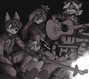 acoustic_guitar anthro bonfire campfire camping candy dessert female fire food group guitar hair male marshmallow meat melee_weapon musical_instrument plucked_string_instrument sausage string_instrument sword weapon penscot79 yttrium_(artist) nerd_corps_entertainment storm_hawks vision_haze aegis_(infinitedge) dan_(vision_haze) lumpy suzy_lu blizzarian canid canine canis domestic_dog felid feline mammal wolf monochrome