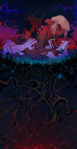 ambiguous_gender anthro arched_back arms_around_partner biped blue_eyes bodily_fluids breasts brown_body brown_fur caressing caressing_face cheek_tuft claws crying drooling drooling_into_mouth duo eyelashes face_grab facial_tuft fangs female female/ambiguous finger_in_mouth fingers fluffy fluffy_tail fur fuzzy grass grey_body grey_fur hair half-closed_eyes hand_on_back hooved_fingers hooves leaf looking_down looking_up lying narrowed_eyes neck_tuft nude on_back on_top open_mouth orange_eyes outside plant predator/prey red_background red_sky saliva saliva_on_tongue saliva_string short_hair short_tail simple_background size_difference sky straddling suggestive tail tears teeth text tongue tongue_out tree tuft white_hair glacierclear vylet_pony aria_(vylet_pony) wolf_(vylet_pony) bovid canid canine canis caprine mammal sheep wolf 2024 absurd_res album_cover cover digital_media_(artwork) english_text hi_res official_art