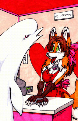 anthro black_nose breasts brown_hair cash_register claws cleavage clothed clothing collar dress duo female feral fur gloves_(marking) green_eyes hair heart_symbol inside lips looking_at_another markings mole_(marking) nude open_mouth orange_body orange_fur pink_eyes ribbons sign tail text what white_body white_fur white_skin year fenrir_lunaris vulpes_(fenrir_lunaris) aquatic beluga canid canine cetacean fox mammal monodontid toothed_whale 2009 english_text