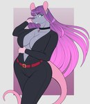 anthro black_clothing blue_lipstick breasts cleavage clothed clothing collar ear_piercing ear_ring female hair hi_res lipstick makeup mammal mary_(dulce_ratoncita) mary_(ruby_dragonoid) murid murine piercing purple_hair rat ring_piercing rodent ruby_dragonoid_(artist) solo