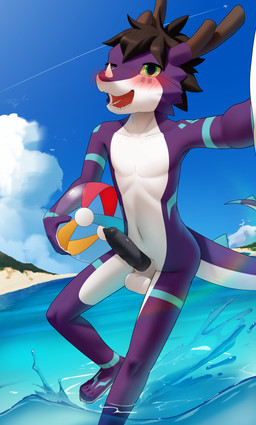 4_toes animal_genitalia ankle_markings anthro antlers arm_markings ball balls beach beach_ball biped black_hair black_penis blue_markings blue_sky blue_spikes blush blush_lines blushing_at_viewer brown_antlers brown_horn claws cloud collarbone countershade_face countershade_feet countershade_hands countershade_legs countershade_neck countershade_tail countershade_torso countershading day detailed_background erection facial_horn facial_markings feet finger_claws fingers foot_markings front_view genitals green_eyes grey_markings hair head_markings holding_ball holding_beach_ball holding_object horn humanoid_hands inflatable iris leg_markings long_tail looking_at_viewer male male_anthro markings monotone_hair multicolored_body navel non-mammal_hair non-mammal_navel nose_horn nude nude_anthro nude_male one_eye_closed open_mouth open_smile outdoor_nudity outside penis plantigrade pupils purple_body purple_claws red_blush red_tongue sea sheath short_hair shoulder_markings sky slim slim_anthro slim_male smile smiling_at_viewer solo spiked_tail spikes spikes_(anatomy) splash tail tapering_tail teeth toes tongue water white_balls white_body white_claws white_countershading white_horn white_sheath wrist_markings yellow_sclera steel_cat mythology aldin_long dragon mythological_creature mythological_scalie scalie absurd_res english_description hi_res portrait shaded