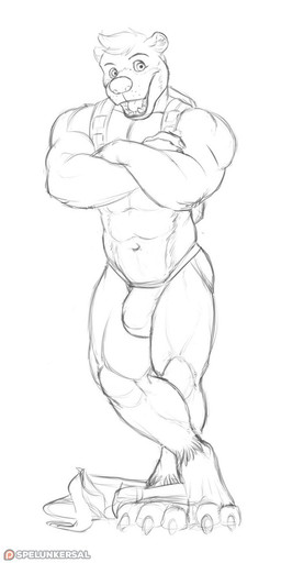 3_toes abs anthro backpack biceps big_muscles biped bottomwear bottomwear_down bulge claws clothed clothing crossed_arms crossed_legs eyebrows feet front_view head_tuft jockstrap looking_at_viewer male muscular muscular_anthro muscular_male navel open_mouth pants pants_down partially_clothed raised_eyebrows shorts simple_background smile solo standing teeth toes tongue tuft underwear underwear_only white_background spelunker_sal banjo-kazooie rareware banjo_(banjo-kazooie) bear mammal black_and_white full-length_portrait hi_res monochrome portrait sketch