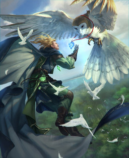 ambiguous_gender beard blonde_hair boots cape clothing cloud day duo dutch_angle facial_hair feathered_wings feathers feet feral flying footwear forest hair jewelry male outside pendant plant potion shoes size_difference talons toes tree water white_body white_feathers wings lie_setiawan hex:_shards_of_fate avian bird human mammal owl 2017 hi_res official_art