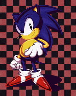 4_fingers anthro blue_body blue_fur brown_eyes checkered checkered_background clothing fingers fist footwear fur gloves handwear looking_at_viewer male one_eye_closed pattern_background quills_(anatomy) red_clothing red_footwear red_shoes shoes simple_background smile smirk tail wink oofmasterxd sega sonic_the_hedgehog_(series) sonic_the_hedgehog eulipotyphlan hedgehog mammal hi_res