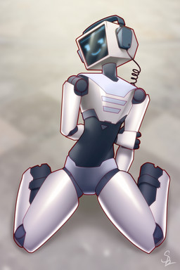electronics headgear headphones headset joints looking_at_viewer machine male monitor robotic sitting solo nariikhan monitor_head robot hi_res
