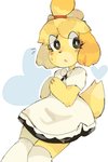 anthro black_eyes bodily_fluids clothed clothing dress female footwear fully_clothed hands_together heart_symbol legwear looking_at_viewer open_mouth simple_background socks solo standing surprise sweat sweatdrop white_clothing white_footwear white_knee_highs white_knee_socks white_legwear white_socks uovo animal_crossing nintendo isabelle_(animal_crossing) canid canine canis domestic_dog mammal shih_tzu toy_dog absurd_res digital_media_(artwork) hi_res portrait shaded three-quarter_portrait