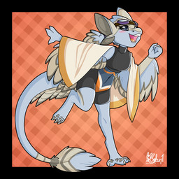 anthro black_border black_bottomwear black_clothing black_shirt black_shorts black_topwear blue_body blue_eyes blue_feathers blush border bottomwear clothing crop_top ears_back eyewear eyewear_on_head feathered_tail feathers feet female fist goggles goggles_on_head happy jogging long_tail looking_up markings navel orange_background outside_border pattern_background pivoted_ears poncho shirt shorts simple_background smile solo spandex spandex_shorts striped_background tail tail_markings talons tan_body tan_clothing tan_feathers tan_poncho tan_topwear teeth tight_bottomwear tight_clothing tight_shorts toe_markings toes topwear lionbun avali 1:1 2021 hi_res signature