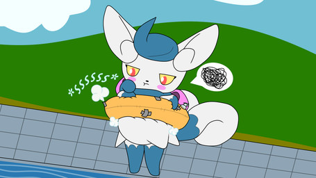 annoyed anthro blush deflated deflated_inflatable deflating_object emanata female frustration_cloud inflatable inner_tube looking_down outside overweight pool_float pool_toy poolside puncture solo swimming_pool elilb8 nintendo pokemon generation_6_pokemon meowstic pokemon_(species) 16:9 hi_res widescreen