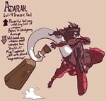 2024 adarak_(redx331) anthro big_bulge big_penis brown_body brown_hair bulge character_name clothing club_(weapon) covered_eyes digital_media_(artwork) directional_arrow dragon english_text gameplay_mechanics genitals gynomorph hair hair_over_eyes horn huge_bulge huge_penis hyper hyper_bulge hyper_genitalia hyper_penis intersex jinti_(artist) melee_weapon mythological_creature mythological_scalie mythology nails penis scalie sharp_nails sharp_teeth simple_background solo tail tan_background teeth text thong topwear torn_clothing underwear weapon
