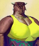 anthro beak big_breasts breasts brown_body brown_eyes brown_scales cleavage clothed clothing curvy_figure female horn jewelry mature_female necklace non-mammal_breasts obese obese_anthro obese_female overweight overweight_anthro overweight_female painting scales simple_background smile solo topwear yellow_clothing yellow_topwear dyna_soar ankylosaurian ankylosaurid ankylosaurus dinosaur ornithischian prehistoric_species reptile scalie thyreophoran saurian_(disambiguation) half-length_portrait hi_res portrait