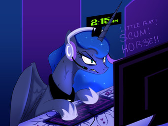 abstract_background angry bloodshot_eyes blue_body blue_eyes blue_feathers blue_fur blue_hair blue_mane bodily_fluids clothing computer crown dialogue electronics ethereal_hair ethereal_mane feathered_wings feathers female feral footwear fur gaming hair headgear headphones horn keyboard long_horn mane playing_video_game pseudo_hair pseudo_mane shoes solo sweat vein wings darksly-z friendship_is_magic hasbro my_little_pony mythology princess_luna_(mlp) equid equine mammal mythological_creature mythological_equine winged_unicorn 2023 4:3 digital_media_(artwork) hi_res