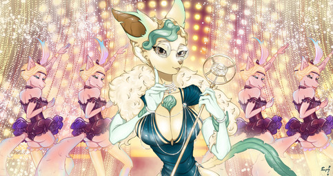 anthro big_breasts breasts chest_tuft cleavage clothed clothing dress eyewear female glasses gloves group handwear stage tuft tsupa-kara nintendo pokemon eeveelution generation_4_pokemon leafeon pokemon_(species) hi_res