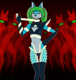anthro biped black_clothing blue_body blue_fur bottomwear breasts bulge cheek_tuft cleavage_cutout clothing countershade_fur countershading crop_top cutout dipstick_tail facial_tuft fingers fishnet_clothing fishnet_leggings fishnet_legwear fur gloves glowing glowing_accessory glowing_armwear glowing_clothing glowing_leash glowing_legwear glowing_topwear green_eyes green_hair gynomorph hair handwear high_waisted_bottomwear intersex leash leash_pull leggings legwear looking_at_viewer markings midriff multicolor panties pigtails shirt slim small_breasts solo sweater tail tail_markings thigh_highs topwear tuft turtleneck twintails_(hairstyle) underwear white_body white_fur yellow_bottomwear yellow_clothing yellow_leash dawnlux serah_(creamingserah) sophie_(creamingserah) canid canine hybrid mammal hi_res