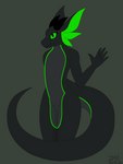 ambiguous_gender ambiguous_slit anthro big_ears big_tail black_body femboy gesture green_eyes horn looking_up male markings simple_background solo standing tail waving zaks mythology zaks_(character) dragon luceiry mythological_creature mythological_scalie scalie 3:4 absurd_res flat_colors hi_res