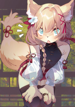 anthro blonde_hair blue_eyes female hair kemono open_mouth ring solo choual canid canine fox mammal absurd_res hi_res