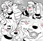 2022 animatronic anthro blush blush_lines canid canine canis clothing collar comic dialogue digital_media_(artwork) duo ear_piercing ear_ring ellipsis english_text female female/female fingers five_nights_at_freddy's five_nights_at_freddy's:_security_breach hand_on_head hat headgear headwear hi_res human machine mammal open_mouth piercing question_mark ring_piercing robot roxanne_wolf scottgames size_difference steel_wool_studios syndhart teasing teeth text vanessa_(fnaf) wolf