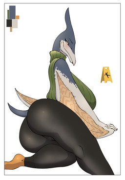 anthro athletic_wear big_breasts big_butt blush border bottomwear breasts butt camel_toe clothing female genital_outline green_eyes gym_bottomwear lipstick looking_at_viewer lying makeup on_side solo sweater thick_thighs tight_clothing topwear turtleneck warning_sign white_border wings arttukorppu prehistoric_species pteranodon pteranodontid pterosaur reptile scalie absurd_res hi_res