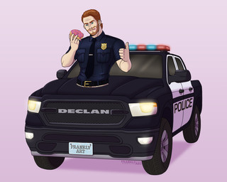 badge beard belt car clothing crumbs_on_face dessert doughnut facial_hair food frosting_on_face gesture hair hand_gesture headlight holding_doughnut license_plate male midriff mirror muscular muscular_male necktie nullo pastry pink_frosted_sprinkled_doughnut police police_badge police_car police_officer police_officer_eating_donut police_uniform police_vehicle rearview_mirror red_beard red_facial_hair red_hair sirens solo sprinkles thumbs_up tie_clip truck uniform vehicle wheel windshield frankly-art animate_inanimate_taur car_taur humanoid taur 5:4 hi_res