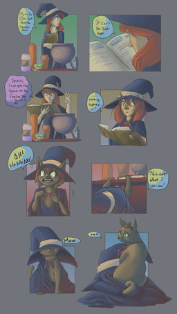apprentice black_body blue_clothing blue_robe book cauldron clothing dialogue ellipsis female feral forced forced_transformation grey_background hair hat headgear headwear human_to_feral loss_of_speech magic magic_user oversized_clothing red_hair robe shrinking simple_background size_transformation solo species_transformation speech_bubble spell text transformation transformation_sequence witch witch_hat fauvfox domestic_cat felid feline felis human mammal 2016 comic english_text hi_res sequence