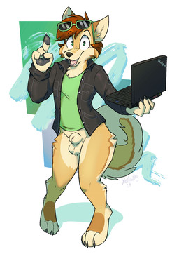 animal_genitalia anthro balls black_clothing black_pawpads black_shirt black_topwear bottomless bottomless_anthro bottomless_male brown_hair casual_exposure claws clothed clothing computer countershade_crotch countershade_face countershade_legs countershade_neck countershade_tail countershade_thighs countershading electronics eyewear eyewear_on_head finger_claws fluffy fluffy_tail fully_sheathed fur genitals gesture green_clothing green_eyes green_shirt green_topwear hair hand_gesture holding_laptop laptop looking_at_viewer male open_clothing open_shirt open_topwear pawpads penis penis_tip pointing raised_finger sheath shirt short_hair simple_background smile solo sunglasses sunglasses_on_head tail tan_body tan_fur toe_claws topwear wearing_sunglasses white_background yellowdog ibm lenovo thinkpad spazzyspitz canid canine canis domestic_dog finnish_spitz mammal spitz 2025 hi_res