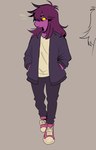 anthro bottomwear clothed clothed_anthro clothed_female clothing emanata female female_anthro footwear hair hair_over_eye hand_in_pocket jacket looking_aside pants pockets purple_body purple_face purple_hair purple_scales purple_skin scales shirt shoes simple_background solo topwear yellow_sclera snoozysoozyy deltarune undertale_(series) susie_(deltarune) dinosaur monster prehistoric_species reptile scalie 2024 digital_drawing_(artwork) digital_media_(artwork) full-length_portrait portrait