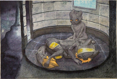 1_eye 3_toes 4_fingers ambiguous_gender anthro bandage bandage_on_face bandage_on_leg bandaged_head bandaged_leg black_body black_fur blood blood_stain bodily_fluids cave cavern colored_blood curled_up dark_body dark_fur duo eye_markings eye_patch eyewear feet fingers floor fluffy fluffy_tail fur head_on_tail kneeling kneeling_on_ground looking_at_another looking_worried lying lying_on_ground markings metal_plates nude on_ground on_side one_eye_obstructed orange_sclera resting sad screen sitting sleeping tail tail_markings tail_pillow toes unusual_blood unusual_bodily_fluids water worried wounded yellow_blood yellow_sclera sadeecake casualties:_unknown canid expie_(gunsawian) gunsawian hybrid mammal absurd_res hi_res painting_(artwork) signature traditional_media_(artwork) traditional_painting_(artwork) traditional_watercolor_(artwork) watercolor_(artwork)