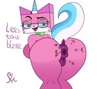 anthro anus bent_over big_anus big_butt body_writing breasts butt collar eyebrows eyelashes eyewear female female_anthro fur genitals glasses half-closed_eyes horn looking_at_viewer looking_back markings narrowed_eyes open_mouth pink_body pink_fur puffy_anus pussy rear_view simple_background smile solo speech_bubble tail talking_to_viewer teeth text tongue unicorn_horn white_background wide_hips writing_on_butt seb_kun lego the_lego_movie biznis_kitty unikitty domestic_cat equid equine felid feline felis hybrid mammal 2024