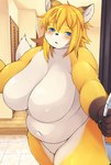 anthro belly big_belly big_breasts black_body black_fur blue_eyes blush breasts detailed_background dipstick_ears ear_markings eyes_mostly_closed featureless_breasts female female_anthro fur hair inside kemono multicolored_body multicolored_ears multicolored_fur narrowed_eyes navel nude pubic_mound slightly_chubby solo tan_body tan_fur tired yellow_body yellow_fur akitaka canid canine fox mammal hi_res portrait three-quarter_portrait