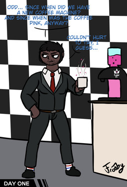accessory angry annoyed beard beverage black_eyes black_hair body_hair checkered checkered_background chest_hair clothed clothing coffee coffee_machine coffee_mug dark_body dark_skin facial_hair hair hot_drink imminent_transformation male muscular muscular_male necktie office pattern_background potion short_hair simple_background solo stubble suit text transformation transformation_potion frooby human mammal absurd_res digital_media_(artwork) english_text hi_res