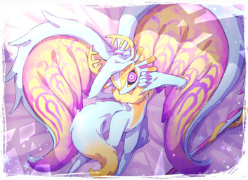 ambiguous_gender antares_(kirby_and_the_forgotten_land) anthro antlers bed biped black_sclera border chest_tuft colored_nails countershade_torso countershading digitigrade dipstick_tail fingernails fluffy fluffy_tail fur furniture head_wings horn huge_wings looking_at_viewer lying markings melee_weapon mouthless multicolored_body multicolored_eyes multicolored_fur nails neck_tuft on_back on_bed orange_body orange_fur pink_eyes polearm pupils purple_fingernails purple_nails raised_arms solo spear star_polygon tail tail_markings tan_body tan_fur teal_body teal_eyes teal_fur tuft unusual_wing_placement weapon white_border wings kyarara_renan kirby_(series) kirby_and_the_forgotten_land nintendo fecto_elfilis alien chinchilla chinchillid mammal rodent starling_(kirby) 2023 digital_drawing_(artwork) digital_media_(artwork) hi_res