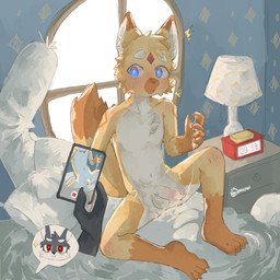 4_toes 5_fingers alarm_clock anthro arm_tuft balls bed blue_eyes blush blush_lines bodily_fluids body_blush body_pillow chest_tuft claws clock cum cum_on_hand cum_on_penis cum_string diamond_(marking) dipstick_ears dipstick_tail disembodied_hand drawer duo ear_markings electronics emanata erection eyebrows facial_markings facial_tuft feet finger_claws fingers fluffy fluffy_tail foreskin fur furniture genital_fluids genitals gloves_(marking) grey_body grey_fur head_markings humanoid_genitalia humanoid_penis inner_ear_fluff kemono lamp leg_markings male markings multicolored_ears navel open_mouth orange_body orange_fur orange_markings penis penis_blush phone pillow recording red_eyes red_markings shoulder_tuft sitting socks_(marking) speech_bubble tail tail_markings toe_claws toes tuft white_balls white_body white_eyebrows white_fur white_inner_ear white_inner_ear_fluff white_penis window yellow_body yellow_fur young young_anthro young_male regcron deathwish_(deathwish4k) felid feline lagomorph leporid mammal rabbit 1:1 2025 hi_res